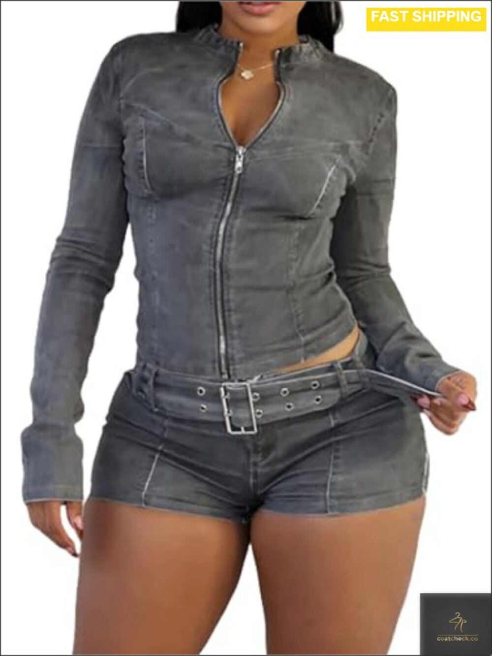 Women's Denim Two-Piece Set Zip Crop Jacket Bodycon Shorts Y2K